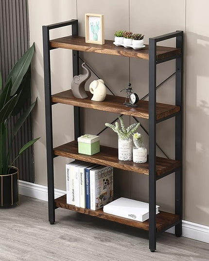 Solid Wood Bookshelf,4 Tier Rustic Vintage Industrial Etagere Bookcase, Open Metal and Wood Vintage Book Shelf, Retro Brown (Real Wood)(4-Tier) - LeafyLoom