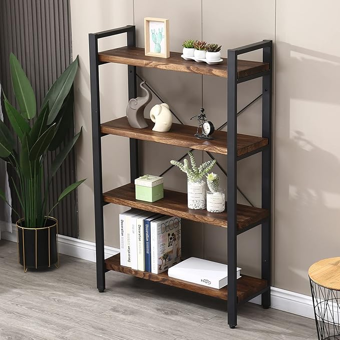 Solid Wood Bookshelf,4 Tier Rustic Vintage Industrial Etagere Bookcase, Open Metal and Wood Vintage Book Shelf, Retro Brown (Real Wood)(4-Tier) - LeafyLoom