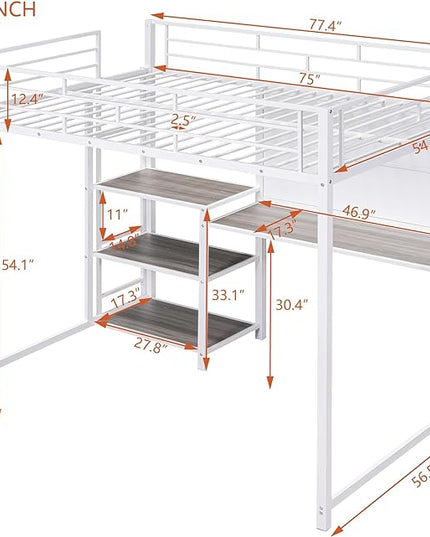 RITSU Full Size Loft Bed, Heavy Duty Metal Bunk Bedframe with Desk and Whiteboard, Safety Guardrail Fence & Ladder, 3 Big Storage Shelves, for Kids, Teens, White - LeafyLoom