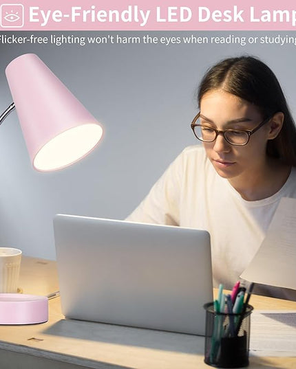 RUNTOP Pink Desk Lamp, Desk Lamps for Home Office, Desk Light for Kids, Desktop/Computer Study Lamps, Bedrooms Adjustable Gooseneck Reading Lamp with USB Port, 5 Brightness Levels, 5 Color Temperature - LeafyLoom