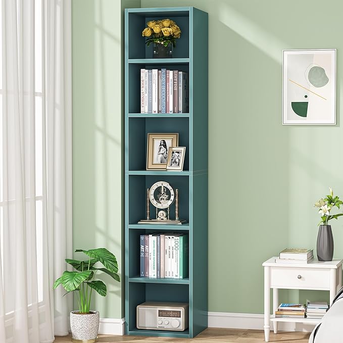 70.9 Inch Tall Narrow Bookcase, Corner Bookshelf 6 Tier Cube Display Shelf Storage Organizer for Small Space, Blue - LeafyLoom