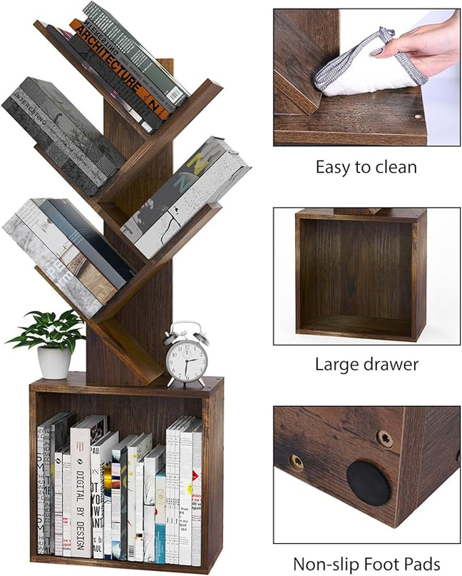 Ochine Tree Bookshelf, 5 Tier Small Bookcase with Large Drawer, Tall Wood Narrow Bookshelves Organizer for CDs/Movies/Books, Floor Standing Book Shelf for Bedroom, Living Room, Home Office - LeafyLoom