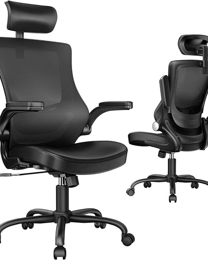 Marsail Office Chair Ergonomic Desk-Chair: Mesh Back Computer Chair with PU Leather Seat,Adjustable Lumbar Support&Flip-up Armrests, Adjustable Height Home Office Desk Chairs - LeafyLoom