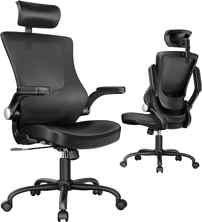 Marsail Office Chair Ergonomic Desk-Chair: Mesh Back Computer Chair with PU Leather Seat,Adjustable Lumbar Support&Flip-up Armrests, Adjustable Height Home Office Desk Chairs - LeafyLoom