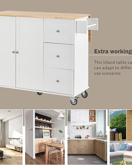 52.7 Cart with Wood Top and Drop Leaf Breakfast Bar, Rolling Mobile Island Towel Rack,Large Storage Cabinet Kitchen Table for Dinning Room, White, 52.76 Inch - LeafyLoom