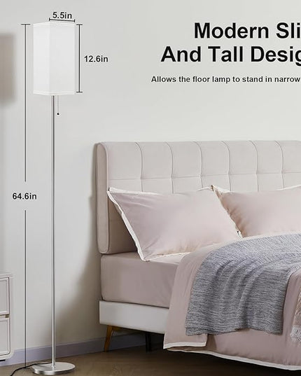 Floor Lamp for Living Room Bedroom - 3 Color Temperature Silver Standing Lamps with Pull Chain Switch, Modern Tall Lamp for Office Home Nursery, Pole Lamp with White Lampshade for Reading - LeafyLoom