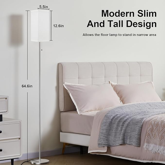 Floor Lamp for Living Room Bedroom - 3 Color Temperature Silver Standing Lamps with Pull Chain Switch, Modern Tall Lamp for Office Home Nursery, Pole Lamp with White Lampshade for Reading - LeafyLoom