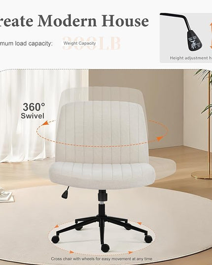 Sweetcrispy Criss Cross Chair Legged, Armless Office Desk Chair with Wheels, Swivel Vanity Chair, Height Adjustable Wide Seat Computer Task Chair, Fabric Vanity Modern Home Chair White - LeafyLoom