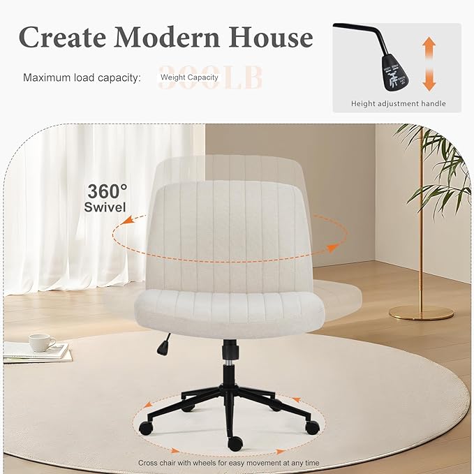 Sweetcrispy Criss Cross Chair Legged, Armless Office Desk Chair with Wheels, Swivel Vanity Chair, Height Adjustable Wide Seat Computer Task Chair, Fabric Vanity Modern Home Chair White - LeafyLoom