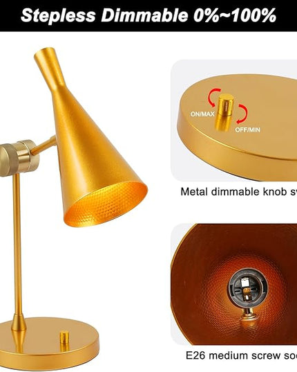 Vintage Indusrial Table Lamp For Bedroom, Adjustable Dimmable Desk Lamp, Brass Inner Shade Metal Table Lamp for Study, Home Office, Bedside, Nightstand, Reading Lamp Modern Mid-century, Gold - LeafyLoom