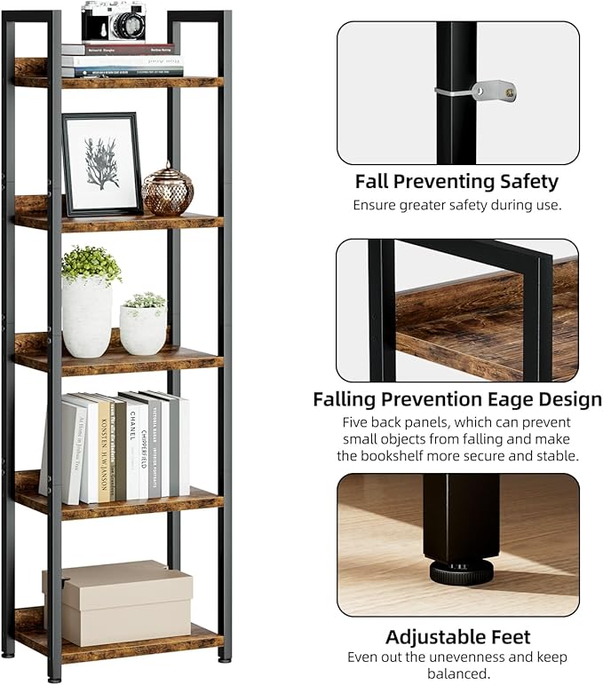 NUMENN Narrow Bookshelf, 5 Tier Bookshelves, Home Office Bookcase Shelf Storage Organizer, Free Standing Storage Shelving Unit for Bedroom, Living Room and Home Office, Vintage - LeafyLoom