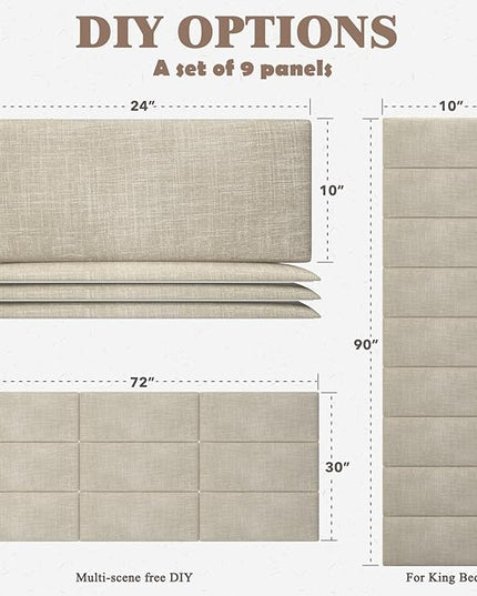 Queen Headboard, Wall Mounted Peel and Stick Headboard, Upholstered Tufted Bed Headboard for Queen Size Bed, Floating Dorm Bedroom Tall Headboard Soundproof Wall Panels (9 Panels, 10"x24") - LeafyLoom