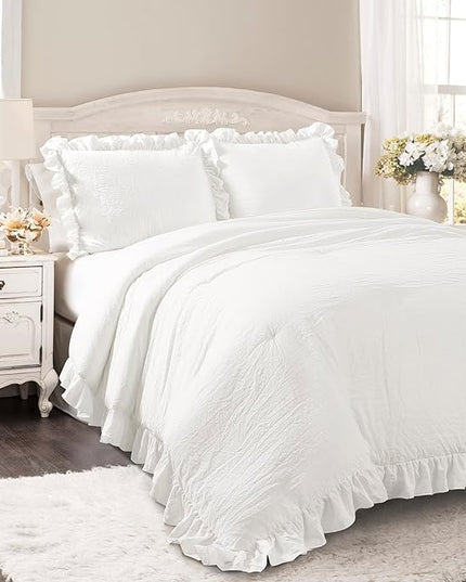 Lush Decor Reyna Ruffle Comforter Set - 3 Piece Cozy Ruffled Bedding Set - Timeless Elegance and Comfort for Dorm Room - Full/ Queen, Pure White - LeafyLoom