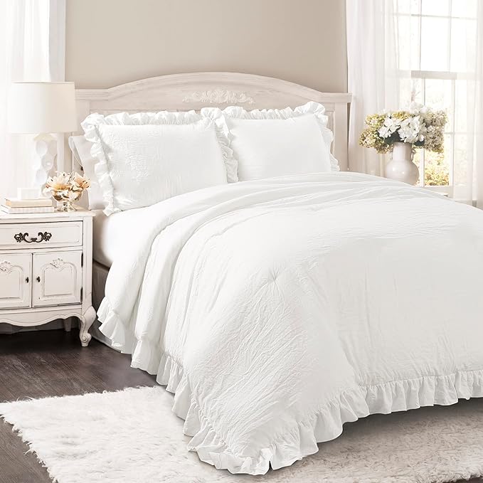 Lush Decor Reyna Ruffle Comforter Set - 3 Piece Cozy Ruffled Bedding Set - Timeless Elegance and Comfort for Bedroom - King, Pure White - LeafyLoom