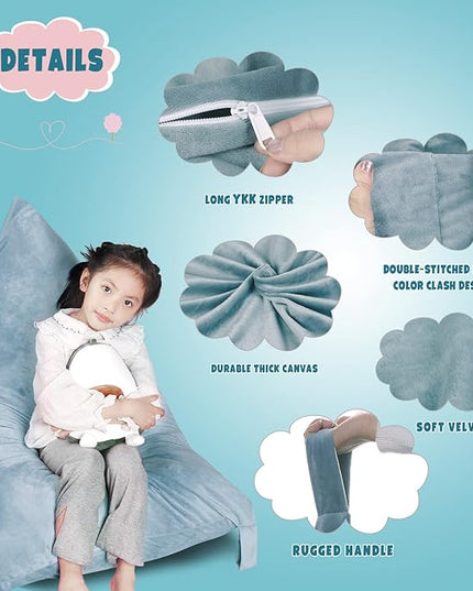 Stuffed Animal Storage Bean Bag Chair Cover, Velvet Grey Plush Toy Storage Stuff and Sit Seat for Kids/Teens/Adults, 52" x 31" Extra Large Triangle Floor Sofa, 200L/52Gal, Cover Only - LeafyLoom
