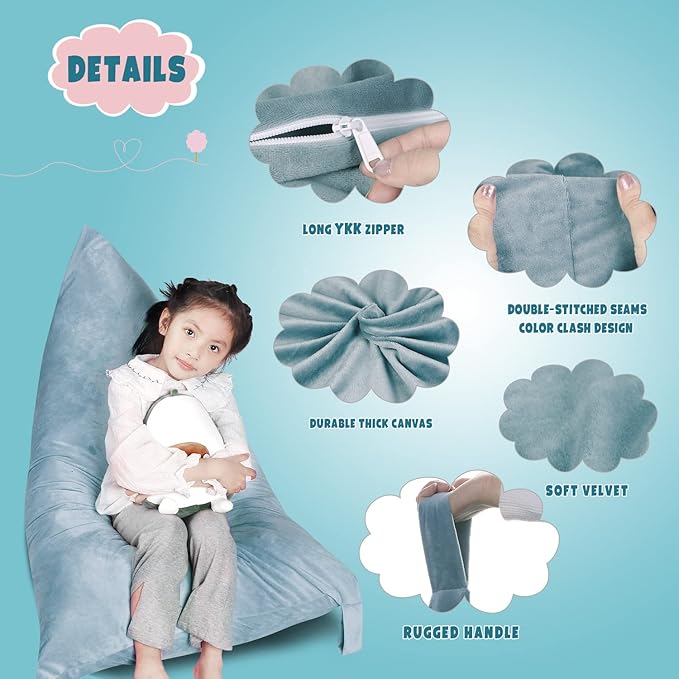 Stuffed Animal Storage Bean Bag Chair Cover, Velvet Grey Plush Toy Storage Stuff and Sit Seat for Kids/Teens/Adults, 52" x 31" Extra Large Triangle Floor Sofa, 200L/52Gal, Cover Only - LeafyLoom