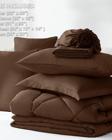 CozyLux Full Comforter Set with Sheets 7 Pieces Bed in a Bag Brown All Season Bedding Sets with Comforter, Pillow Shams, Flat Sheet, Fitted Sheet and Pillowcases - LeafyLoom