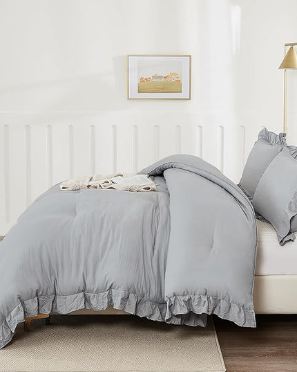 Andency Silver Gray Comforter Set Queen Size, 3 Pieces Shabby Chic Ruffle Bedding Comforter Sets for Queen Bed, Lightweight Fluffy Soft Microfiber Farmhouse Comforter Set - LeafyLoom