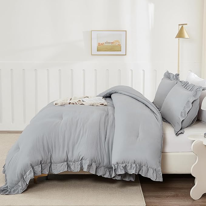 Andency Silver Gray Comforter Set Queen Size, 3 Pieces Shabby Chic Ruffle Bedding Comforter Sets for Queen Bed, Lightweight Fluffy Soft Microfiber Farmhouse Comforter Set - LeafyLoom