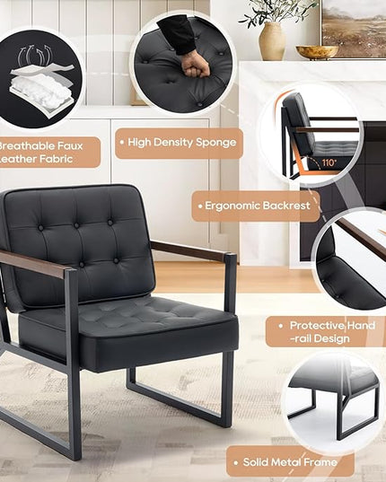 COLAMY Mid Century Modern Accent Chair Set of 2, Comfy Living Room Chair, Black Leather Accent Chair, Faux Leather Reception Armchair with Metal Legs for Living Room Bedroom Reception Office, Black - LeafyLoom
