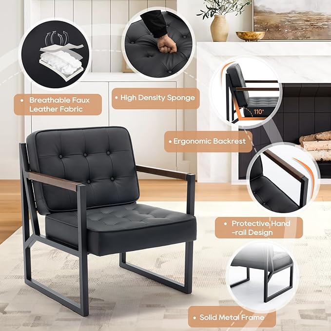 COLAMY Mid Century Modern Accent Chair Set of 2, Comfy Living Room Chair, Black Leather Accent Chair, Faux Leather Reception Armchair with Metal Legs for Living Room Bedroom Reception Office, Black - LeafyLoom