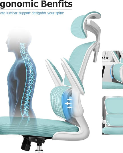 Ergonomic Office Chair, High Back Mesh Desk Chair with Lumbar Support and Adjustable Headrest, Computer Gaming Chair with Flip-up Armrests, Executive Swivel Chair for Home Office (MintGreen) - LeafyLoom