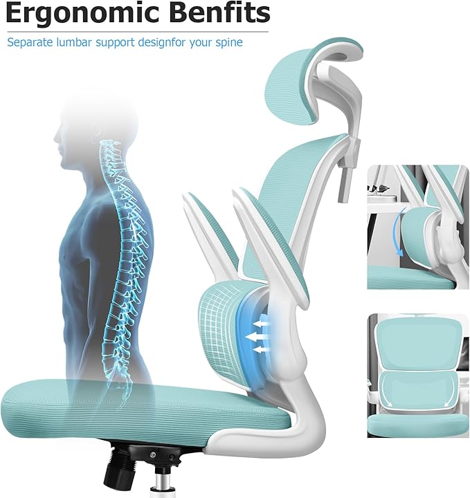 Ergonomic Office Chair, High Back Mesh Desk Chair with Lumbar Support and Adjustable Headrest, Computer Gaming Chair with Flip-up Armrests, Executive Swivel Chair for Home Office (MintGreen) - LeafyLoom