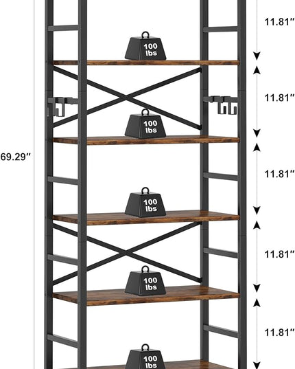 6 Tier Bookshelf, Industrial Bookcase with 8 Hooks, Vintage Storage Rack with Open Shelves, Rustic Standing Bookshelves Metal Frame Display Rack for Living Room, Bedroom, Rustic Brown - LeafyLoom