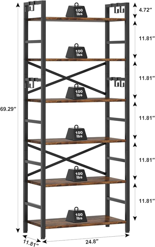 6 Tier Bookshelf, Industrial Bookcase with 8 Hooks, Vintage Storage Rack with Open Shelves, Rustic Standing Bookshelves Metal Frame Display Rack for Living Room, Bedroom, Rustic Brown - LeafyLoom