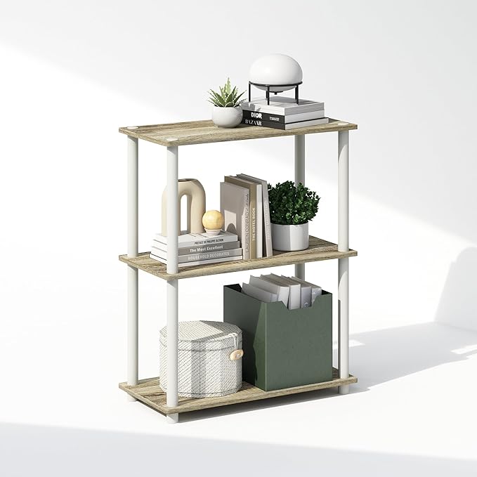 Furinno Turn-N-Tube 3-Tier Multipurpose Compact Display Rack, Shelving Unit, Bookcase, Sonoma Oak/White - LeafyLoom