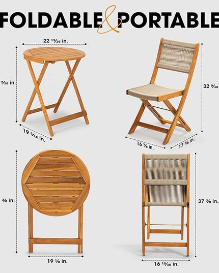Heavy Duty 400lbs Capacity Patio Bistro Set 3 Piece Outdoor, Folding Chairs with Elegant, Wood Rope Design - Beige - LeafyLoom