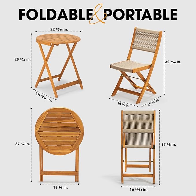 Heavy Duty 400lbs Capacity Patio Bistro Set 3 Piece Outdoor, Folding Chairs with Elegant, Wood Rope Design - Beige - LeafyLoom
