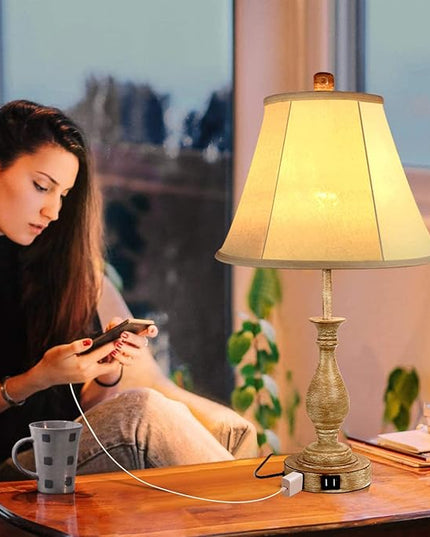 Farmhouse Table Lamp Touch Control 3-Way Dimmable Table Lamp, Modern Nightstand Lamp with 2 USB Port Bedside Desk Lamp with Fabric Shade for Living Room Bedroom Hotel (Pack-02) - LeafyLoom
