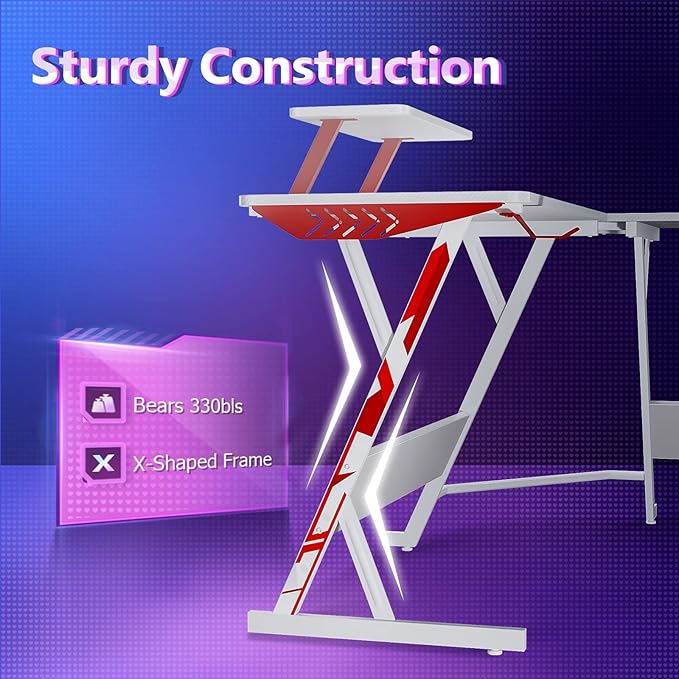 MOTPK White Gaming Desk L Shaped, Gamer Desk Gaming Table with Carbon Fiber Surface, Corner Computer Desk L Shape with Cup Holder & Headphone Hook, 51 Inch - LeafyLoom