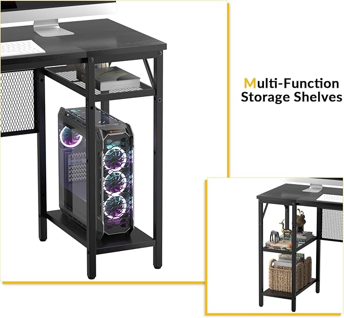 Unikito L Shaped Desk with USB Charging Port and Power Outlet, Reversible Corner Computer Desk with Storage Shelves, Industrial 2 Person Long Gaming Table Modern Home Office Desk, Black - LeafyLoom