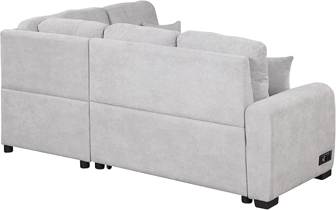 3 in 1 Convertible Sectional Sofa with Pull Out Bed , 87.4" L Shaped Corner Couch with USB Charging Ports & Plug Outlet , Breathable Linen Fabric Conversion Sofabed for Living Room Office Furniture - LeafyLoom