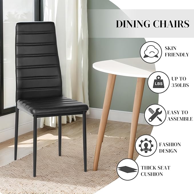 PU Leather Chair Set of 4, High Back Dining Seat with Soft Padded & Foot Cap Protection for Home Kitchen Living Room, 300lbs Capacity, Black - LeafyLoom
