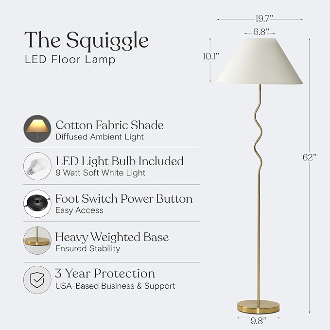 Brightech Squiggle Standing Floor Lamp – Tall Modern Corner Lamp with LED Light Bulb for Bedroom, Living Room, Office – Boho Mid Century Modern Zig Zag Pole Lamp with A-Line Open Shade – Gold/Brass - LeafyLoom