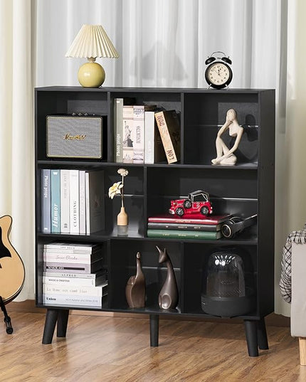 YAHARBO 8 Cube Bookshelf,3 Tier Bookcase with Legs,Black Mid-Century Modern Bookshelves,Large Free Standing Open Storage Organizer Shelf,Tall Wooden Book Case Furniture for Bedroom,Living Room,Office - LeafyLoom