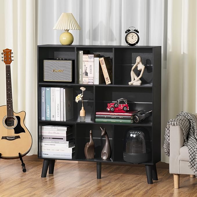 YAHARBO 8 Cube Bookshelf,3 Tier Bookcase with Legs,Black Mid-Century Modern Bookshelves,Large Free Standing Open Storage Organizer Shelf,Tall Wooden Book Case Furniture for Bedroom,Living Room,Office - LeafyLoom