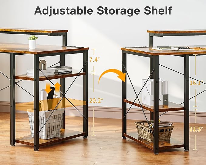 MOTPK Computer Desk with Led Lights & Power Outlet, 47 Inch Reversible Kids Desk with Shelves, Writing Desk with Adjustable Monitor Stand & Headphone Hook, Work Desk for Home Office, Brown - LeafyLoom