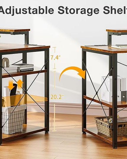 MOTPK Small Computer Desk with Led Lights & Power Outlet, 40 Inch Reversible Writing Desk with Shelves, Kids Desk with Adjustable Monitor Stand & Headphone Hook, Work Desk for Home Office, Brown - LeafyLoom