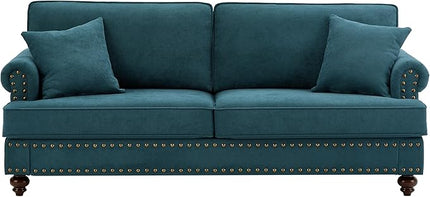 Upholstered 3-Seater Sofa with Rolled Armrest,Modern Couch with Wood Turned Legs and Nailhead Trim Design,for Living Room,Office,Lake Green - LeafyLoom