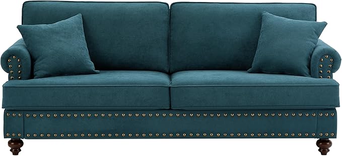 Upholstered 3-Seater Sofa with Rolled Armrest,Modern Couch with Wood Turned Legs and Nailhead Trim Design,for Living Room,Office,Lake Green - LeafyLoom