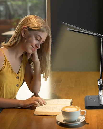 Qooltek Touch Control LED Desk Lamp, Table Lamp with 5 Color Modes Dimmable Brightness for Home Office, Dual Swing Arm USB Charging Port Desk Light, Eye-Caring Reading Light with Pen Holder, Black - LeafyLoom