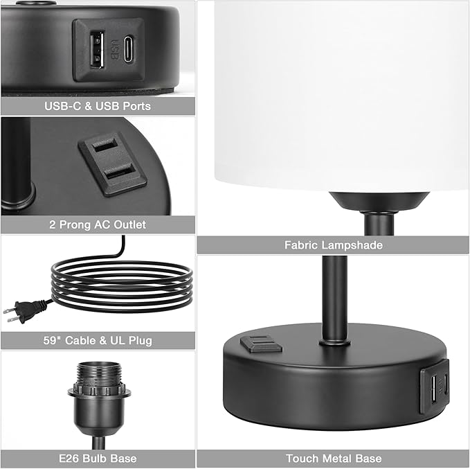 Innqoo White Touch Bedroom Lamps Set - 3 Way Dimmable Bedside Lamps with USB C and A Ports and Outlets, Nightstand Lamps with Black Base, Small Lamps for Nursery Office - LeafyLoom