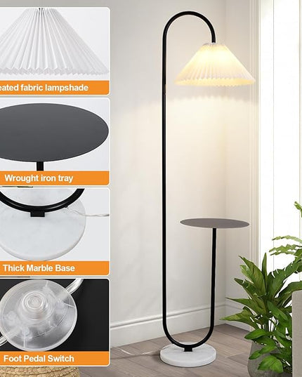 Modern Elegant with Tray Floor Lamp for Office Cafe Den Living Room Bedroom, Foot Switch and Black Paint, White Pleated Cloth Lampshade - LeafyLoom