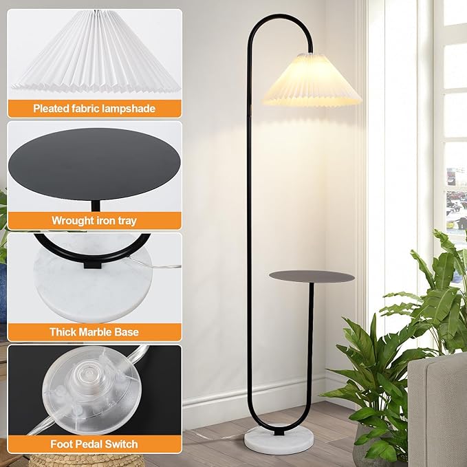Modern Elegant with Tray Floor Lamp for Office Cafe Den Living Room Bedroom, Foot Switch and Black Paint, White Pleated Cloth Lampshade - LeafyLoom