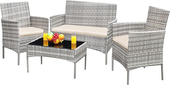 Greesum Patio Furniture 4 Pieces Conversation Sets Outdoor Wickerr Rattan Chairs Garden Backyard Balcony Porch Poolside loveseat with Soft Cushion and Glass Table, Gray and Beige - LeafyLoom