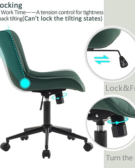 YOUTASTE Dark Green Office Chair Modern Armless Desk Chair with Wheels, Adjustable Swivel Rocking Rolling Computer Gaming Chair, Upholstered Faux Leather Sewing Chairs with Back - LeafyLoom